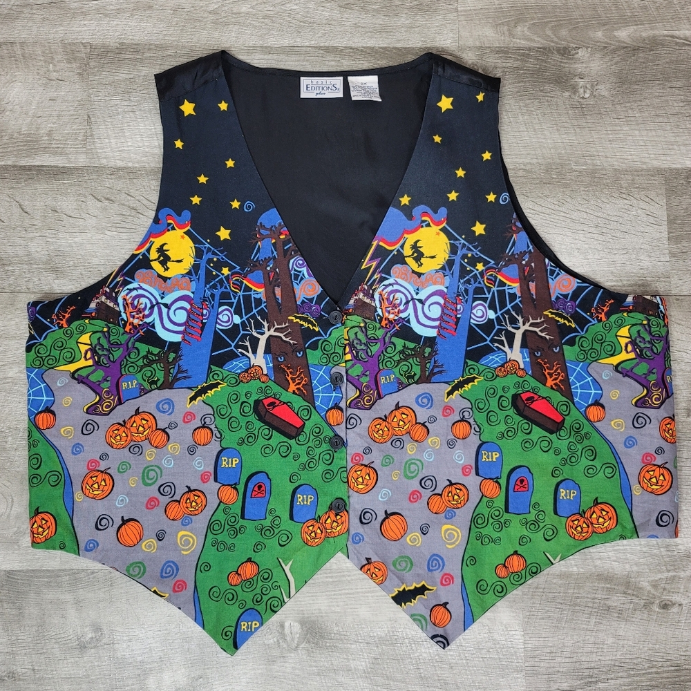 Vintage 90s Basic Editions Halloween Vest Size 2X Witches, Celestial, Tombstones